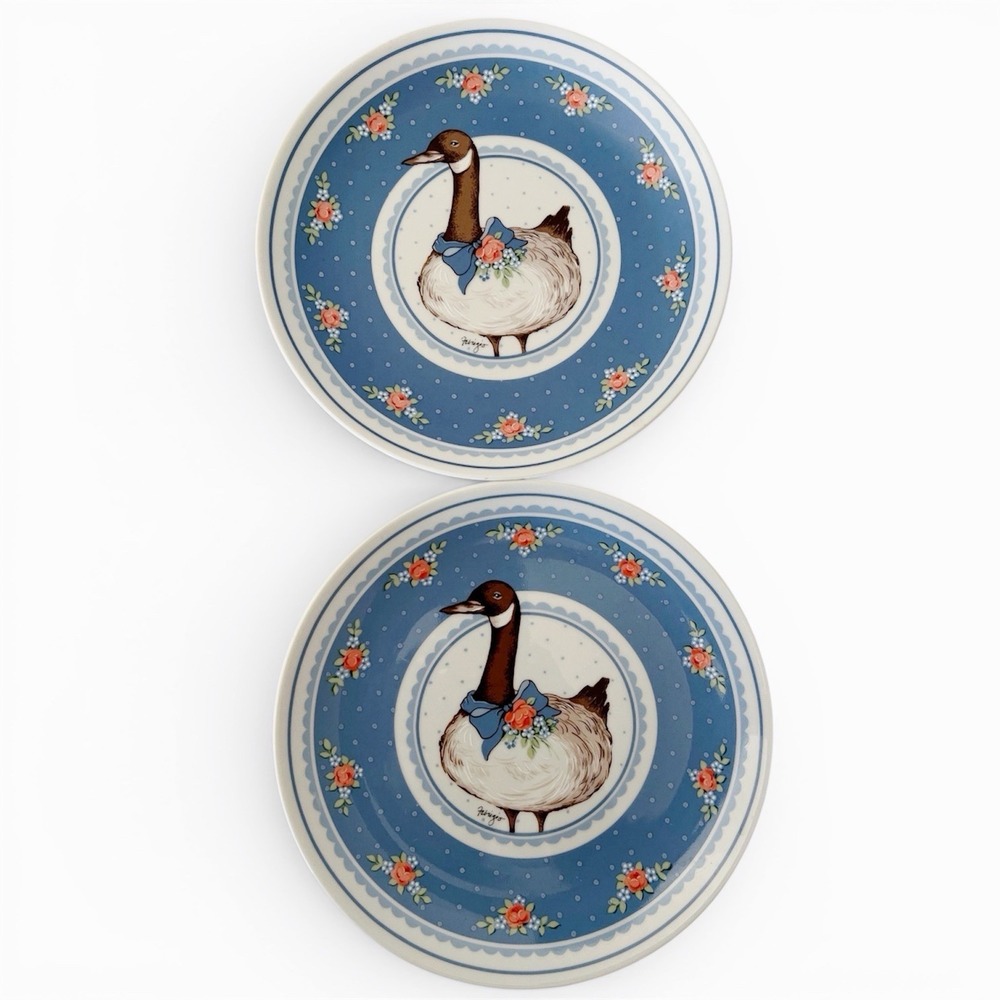 VTG Goose Plate George Good Fabrizio Japan Blue Bow Cottage Core Decor 2pc Set